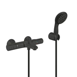 Grohe Set de douche mitigeur bain/douche thermostatique + Douchette 2 jets + support mural + Flexible 1750 mm, noir mat