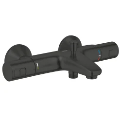 Grohe Set de douche mitigeur bain/douche thermostatique + Douchette 2 jets + support mural + Flexible 1750 mm, noir mat