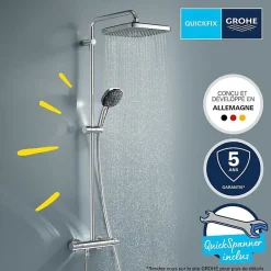 Grohe Vitalio Comfort 250 Colonne de douche avec mitigeur thermostatique + Douche de tête + Douchette 2 jets, chrome (G26696001)* Colonne De Douche Thermostatique