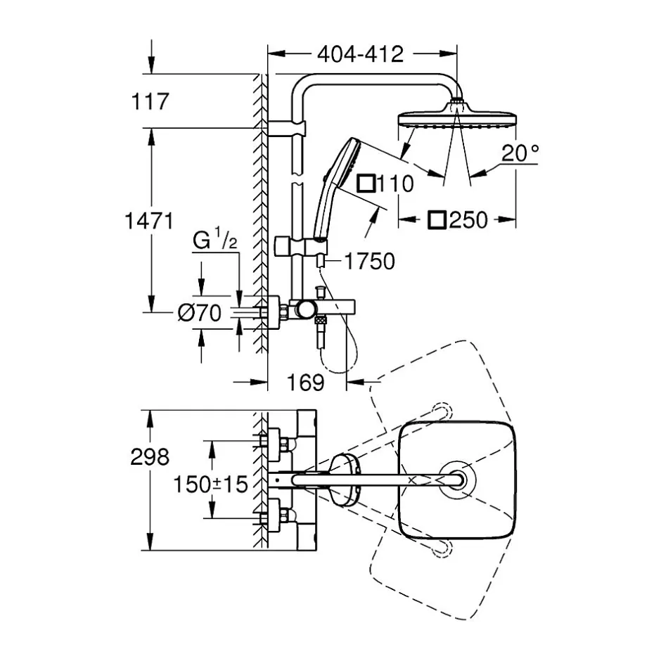 Grohe Vitalio Comfort 250 colonne de douche thermostatique bain/douche + douche de tête + douchette à main, noir mat (G269842431)* Colonne De Douche Hydromassante