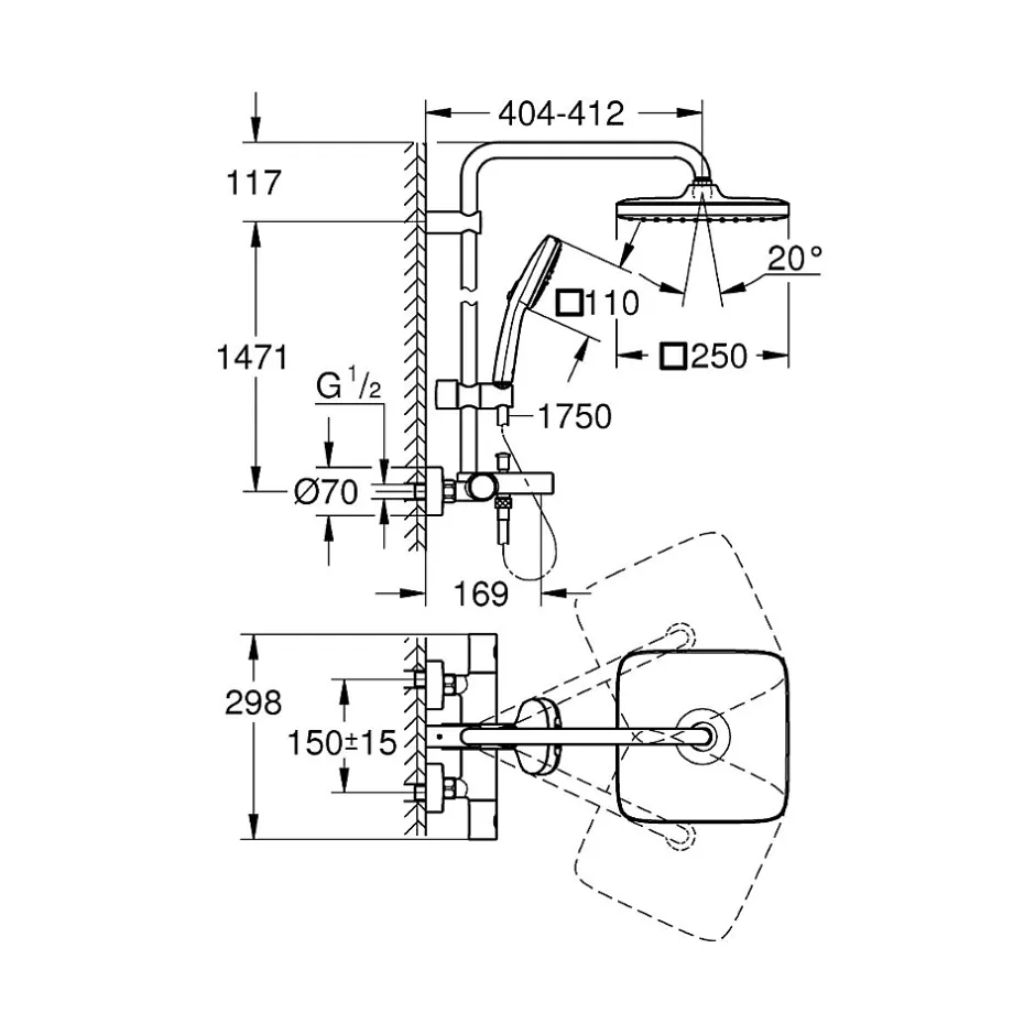 Grohe Vitalio Comfort 250 Colonne de douche avec mitigeur thermostatique + Douche de tête + Douchette 2 jets, chrome (G26984001)