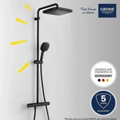 Grohe Vitalio Comfort 250 colonne de douche thermostatique + douche de tête + douchette à main 2 jets, noir mat (G266962431)* Colonne De Douche Thermostatique