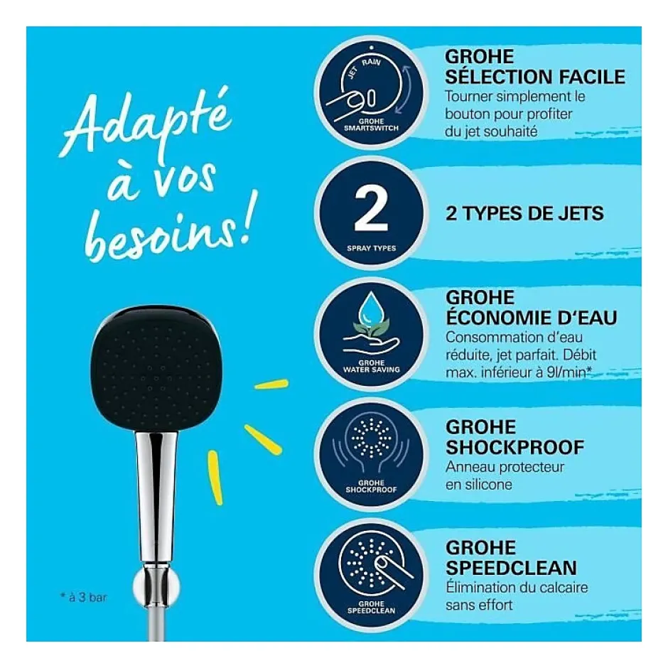 Grohe Vitalio Comfort 110 Set de douche avec support mural + Douchette 2 jets, chrome (G26399001)