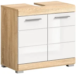 Chb Collection Hako - Armoire sous-lavabo (L/H/P : 60x56x34 cm) en imitation chêne Sonoma clair et blanc brillant embouti