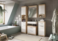 Chb Collection Hako - Meuble sous-lavabo (L/H/P : 60x56x34 cm) en imitation chêne Sonoma clair et blanc brillant embouti* Meuble Sous Lavabo