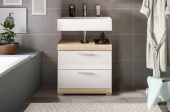 Chb Collection Hako - Meuble sous-lavabo (L/H/P : 60x56x34 cm) en imitation chêne Sonoma clair et blanc brillant embouti* Meuble Sous Lavabo