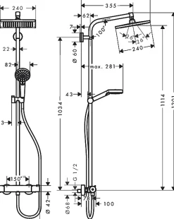 Hansgrohe Colonne de douche avec mitigeur thermostatique + Douche de tête XXL 240 + Douchette 2 jets + Porte savon