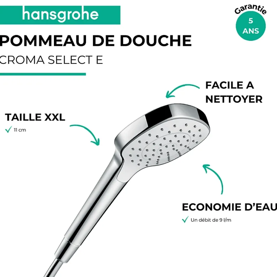 Hansgrohe Croma Select E - Pommeau de Douche 1 jet EcoSmart 9l/min110 (26815400)* Pommeau De Douche, Flexible Et Barre De Douche