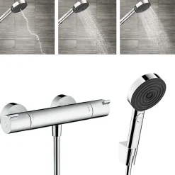 Hansgrohe Ecostat Mitigeur thermostatique douche + Douchette à main XXL 105mm 3 jets, Flexible de douche 125cm, support mural