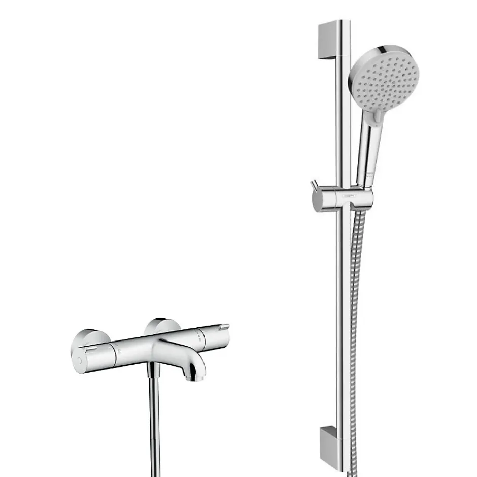 Hansgrohe Ecostat Set Mitigeur thermostatique Bain/douche + Barre de douche Unica + Douchette 2 jets, Chrome* Robinet De Baignoire