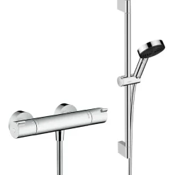 Hansgrohe Ecostat Set Mitigeur thermostatique douche + Douchette à main XXL 105mm 3 jets, flexible douche 160cm, barre 65cm