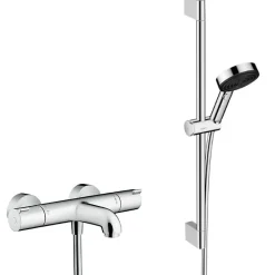Hansgrohe Ecostat Set Mitigeur Thermostatique bain/douche + Douchette à main XXL 105mm 3 jets, flexible douche 160cm, barre 65cm