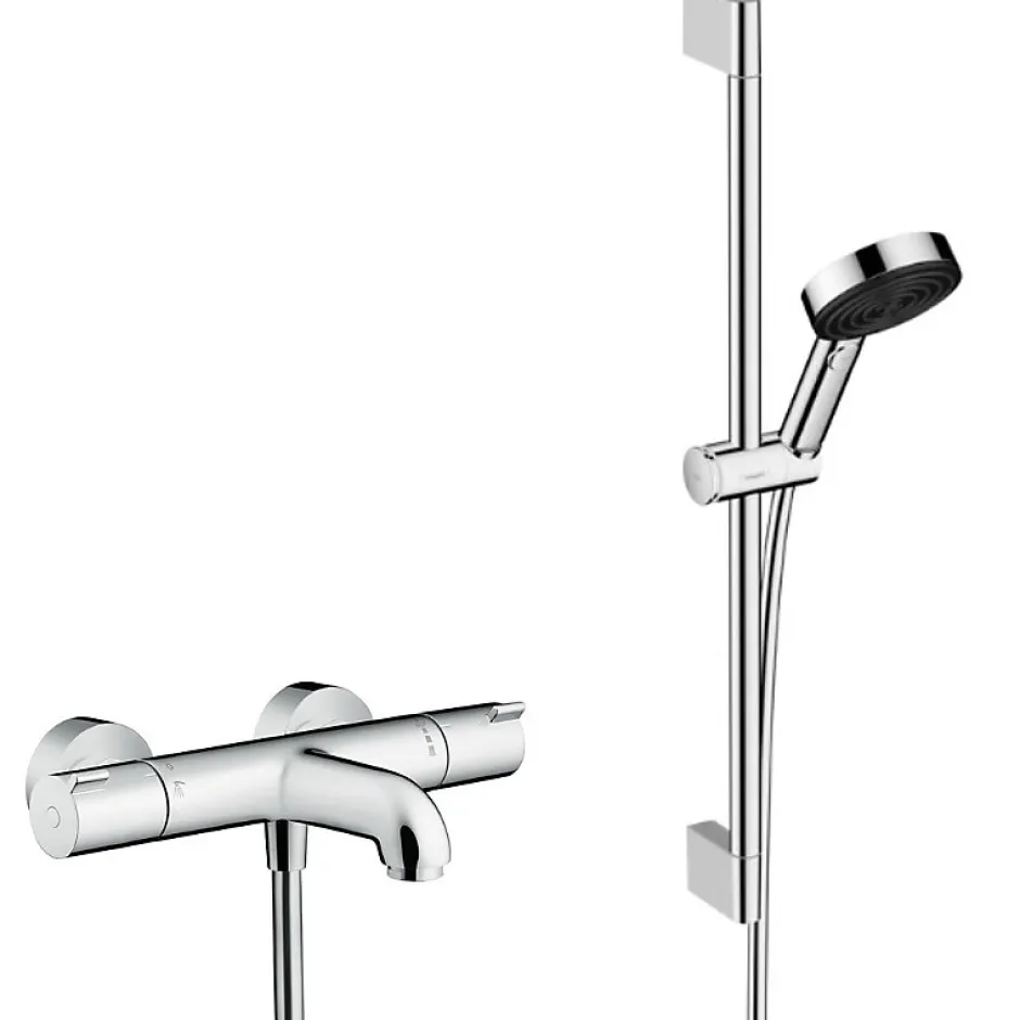 Hansgrohe Ecostat Set Mitigeur Thermostatique bain/douche + Douchette à main XXL 105mm 3 jets, flexible douche 160cm, barre 65cm