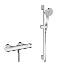 Hansgrohe Ecostat Set mitigeur thermostatique + Barre 65cm + Douchette 2 jets + Flexible, Chrome (13211000-Vernis)* Colonne De Douche Sans Robinetterie