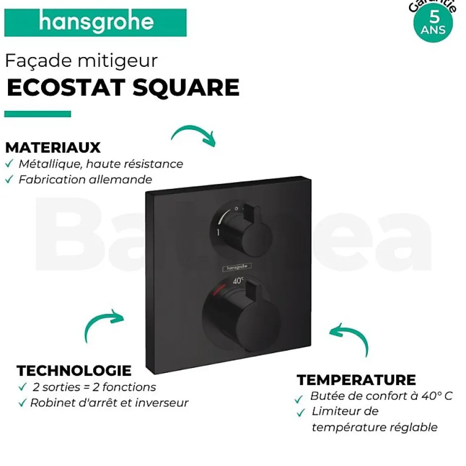 Hansgrohe Façade pour mitigeur thermostatique encastré Ecostat Square avec robinet d'arrêt et inverseur noir mat