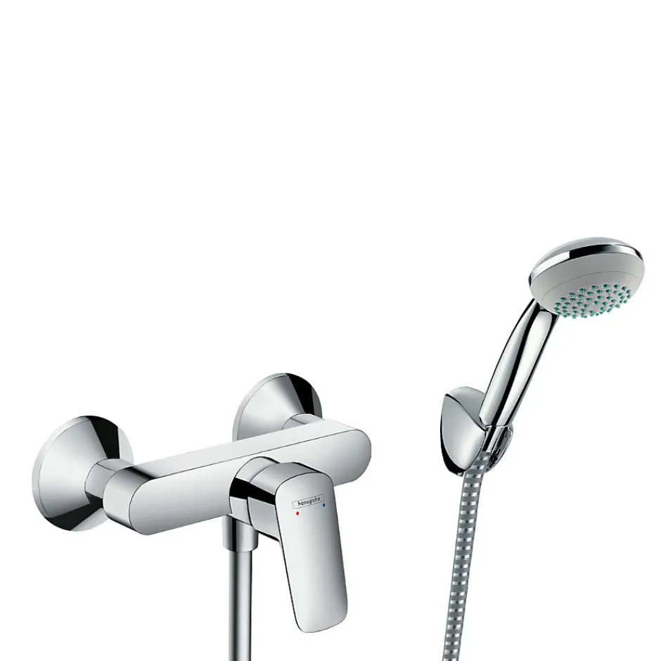 Hansgrohe Set de douche Mitigeur Logis + Douchette à main 1 jet + Flexible + Support mural, Chrome (71600000-PORTER)