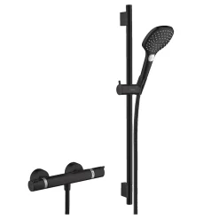 Hansgrohe Set de douche Mitigeur Ecostat Comfort + Barre Unica 65 cm + Douchette 3 jets Raindance 120 Select E, Noir mat