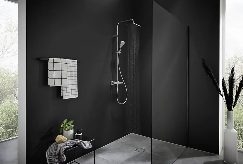 Hansgrohe Vernis Shape Colonne de douche 230 1jet Green 5,7 l/min avec mitigeur thermostatique, Chrome (26319000)* Colonne De Douche Hydromassante