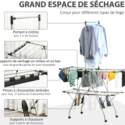 Homcom Séchoir à linge étendoir à vêtements pliable réglable avec barre de penderie et roulettes acier inox. PP noir