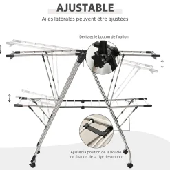 Homcom Séchoir à linge étendoir à vêtements pliable réglable avec barre de penderie et roulettes acier inox. PP noir