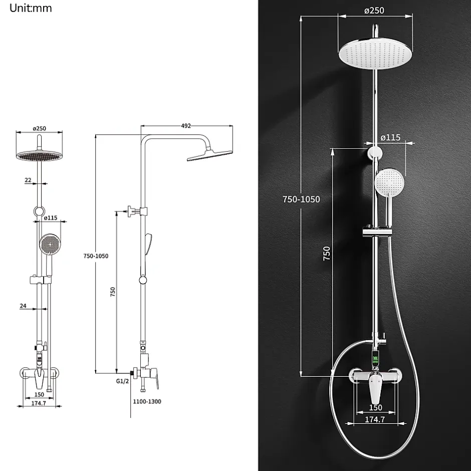 Homelody Colonne de Douche avec Affichage LED Température Mitigeur Mécanique, Douchette 3 Jets, Hauteur Réglable* Colonne De Douche Mécanique