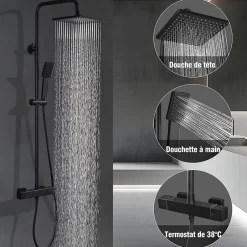 Homelody Colonne de Douche Thermostatique Noir, Ensemble de Douche Thermostat avec Douchette, Hauteur Réglable