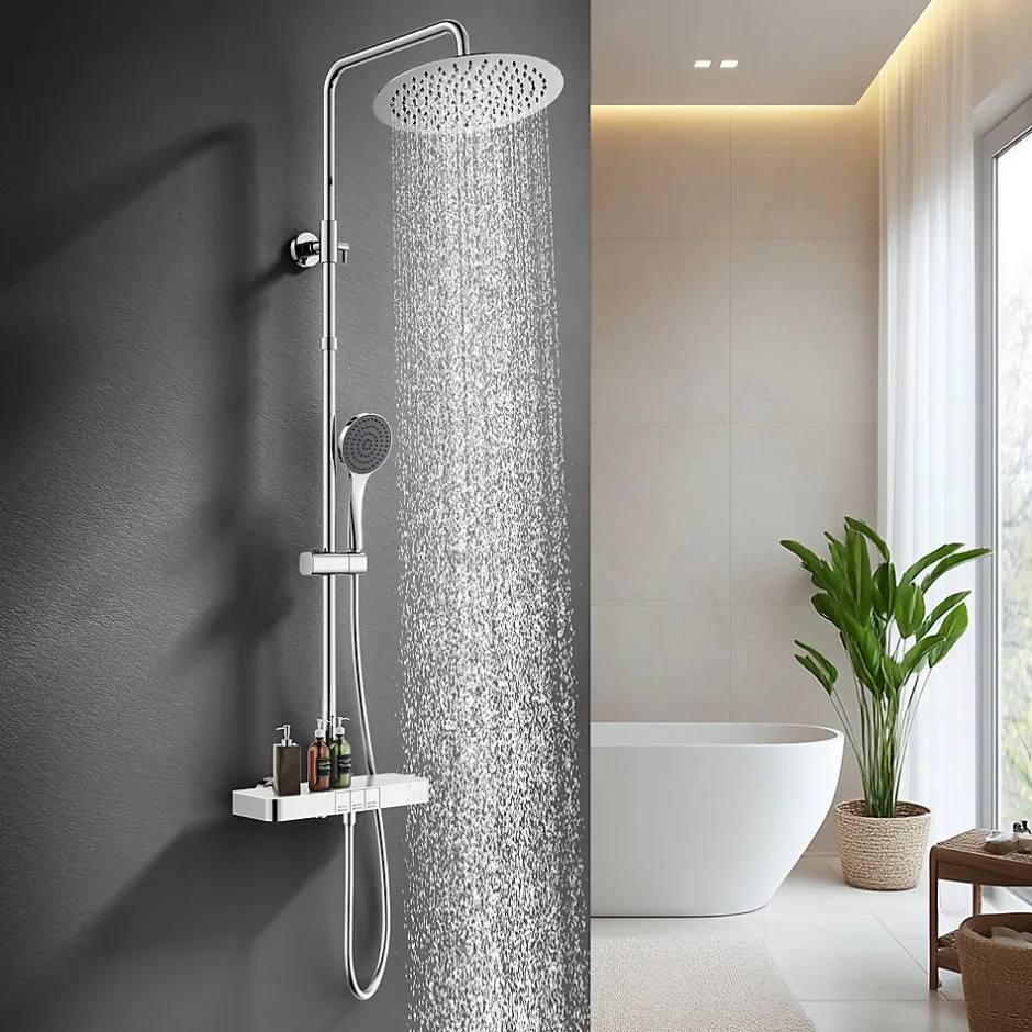Homelody Colonne de Douche Thermostatique avec Tablette 110 x 350 mm, Tête de Douche 12 pouces Ultra-Slim, Douchette & Sortie