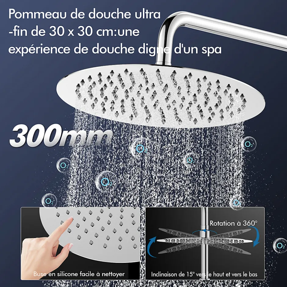 Homelody Colonne de Douche Thermostatique avec Tablette 110 x 350 mm, Tête de Douche 12 pouces Ultra-Slim, Douchette & Sortie