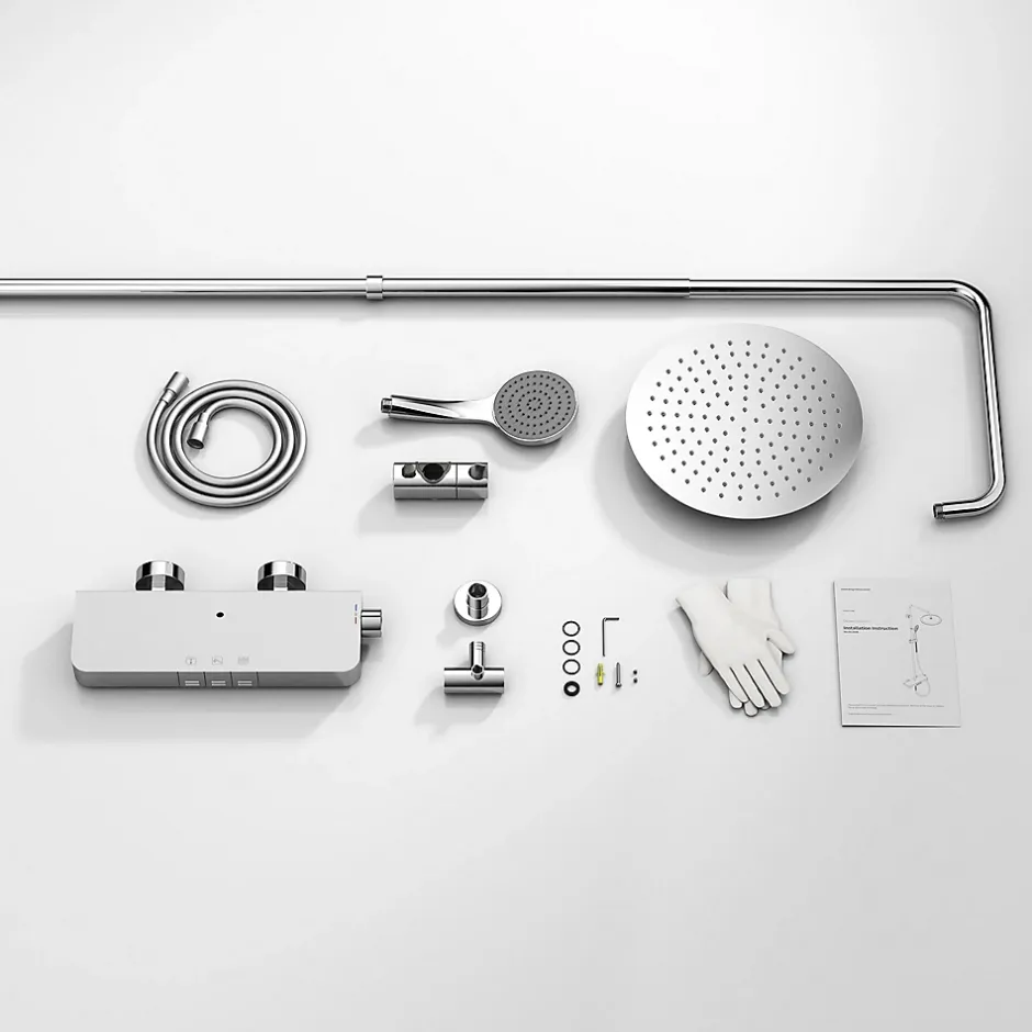 Homelody Colonne de Douche Thermostatique avec Tablette 110 x 350 mm, Tête de Douche 12 pouces Ultra-Slim, Douchette & Sortie