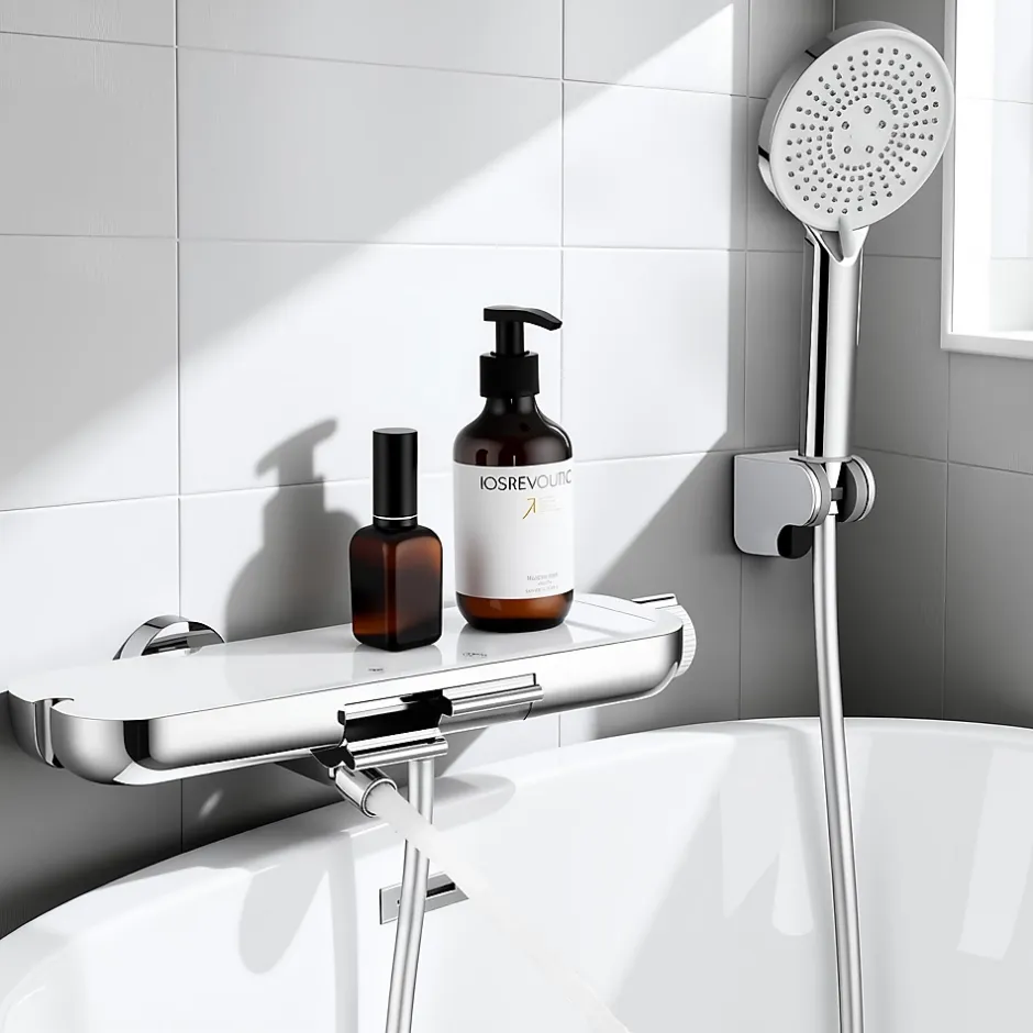 Homelody Robinet Baignoire avec Tablette370 mm, Douchette à Main et Sortie Bain, Chrome