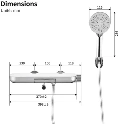 Homelody Robinet Baignoire avec Tablette370 mm, Douchette à Main et Sortie Bain, Chrome