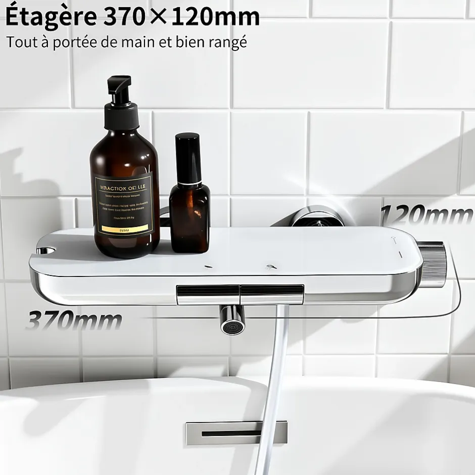 Homelody Robinet Baignoire avec Tablette370 mm, Douchette à Main et Sortie Bain, Chrome
