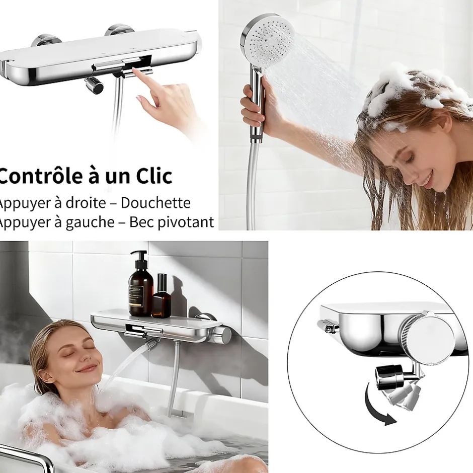 Homelody Robinet Baignoire avec Tablette370 mm, Douchette à Main et Sortie Bain, Chrome