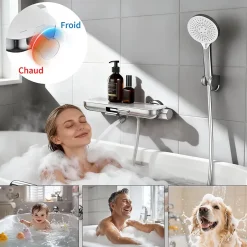 Homelody Robinet Baignoire avec Tablette370 mm, Douchette à Main et Sortie Bain, Chrome