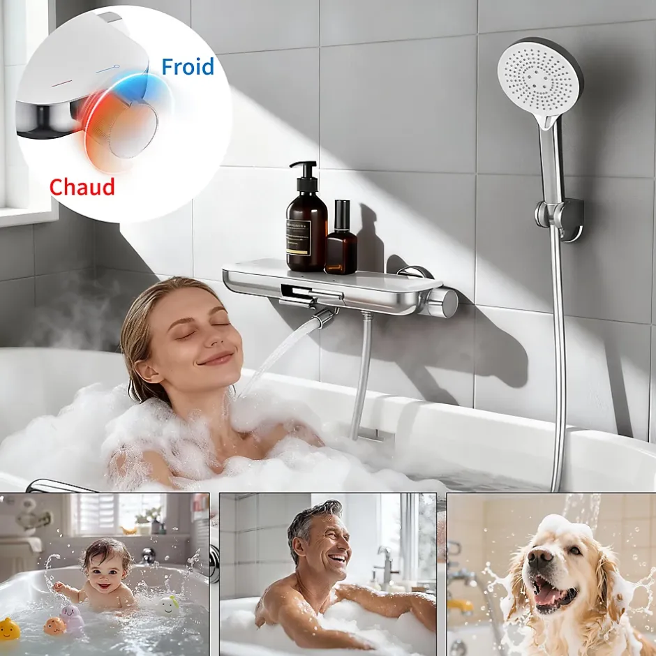 Homelody Robinet Baignoire avec Tablette370 mm, Douchette à Main et Sortie Bain, Chrome