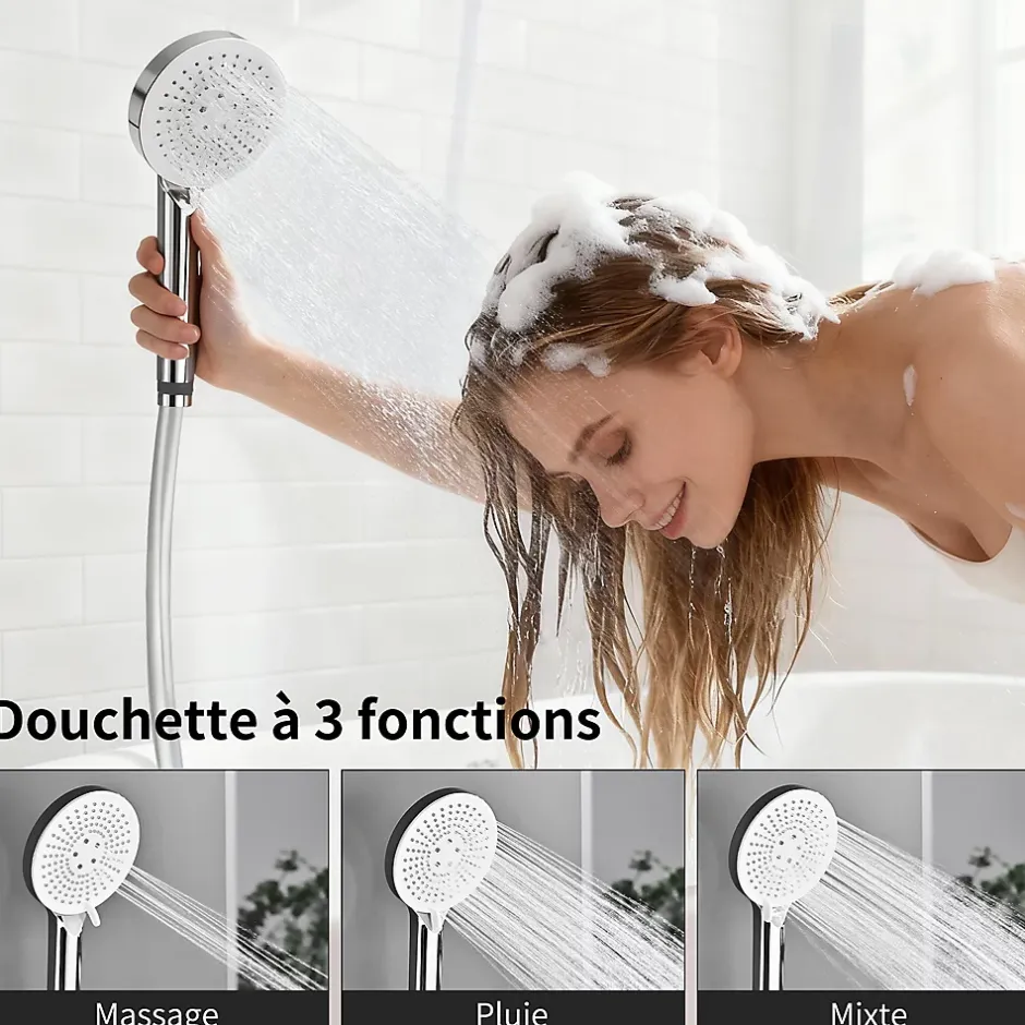 Homelody Robinet Baignoire avec Tablette370 mm, Douchette à Main et Sortie Bain, Chrome