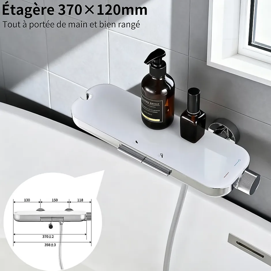 Homelody Robinet Baignoire avec Tablette370 mm, Douchette à Main et Sortie Bain, Chrome