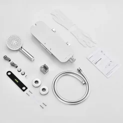 Homelody Robinet Baignoire avec Tablette370 mm, Douchette à Main et Sortie Bain, Chrome