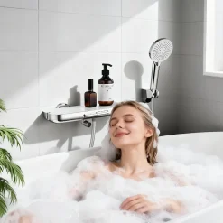 Homelody Robinet Baignoire avec Tablette370 mm, Douchette à Main et Sortie Bain, Chrome