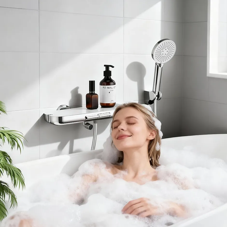 Homelody Robinet Baignoire avec Tablette370 mm, Douchette à Main et Sortie Bain, Chrome