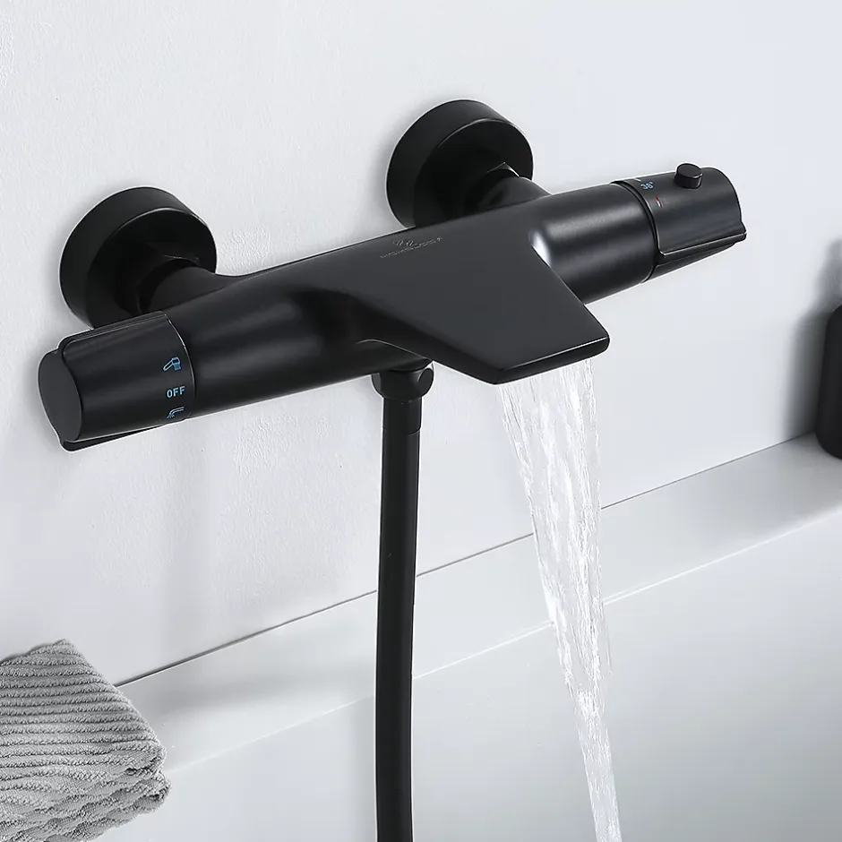 Homelody Robinet de Baignoire Thermostatique Noir, Design Cascade, Sécurité Anti-brûlure, Laiton* Robinet De Baignoire