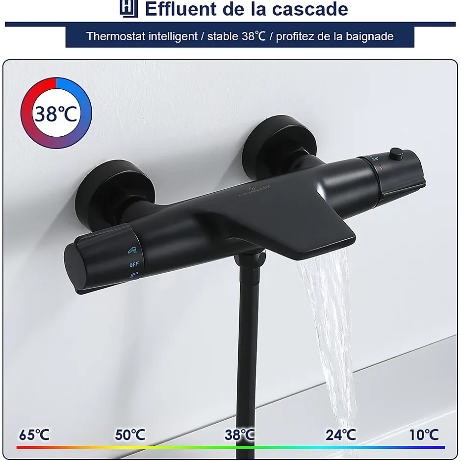 Homelody Robinet de Baignoire Thermostatique Noir, Design Cascade, Sécurité Anti-brûlure, Laiton* Robinet De Baignoire