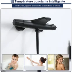 Homelody Robinet de Baignoire Thermostatique Noir, Design Cascade, Sécurité Anti-brûlure, Laiton* Robinet De Baignoire