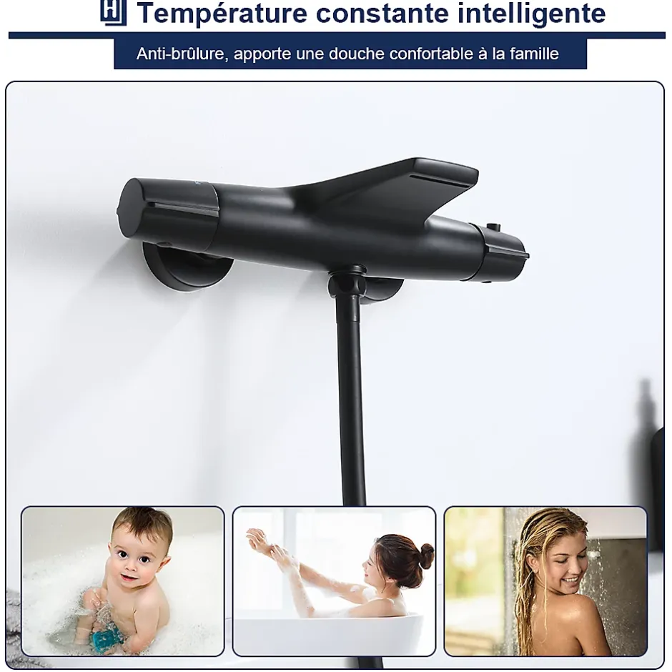 Homelody Robinet de Baignoire Thermostatique Noir, Design Cascade, Sécurité Anti-brûlure, Laiton* Robinet De Baignoire