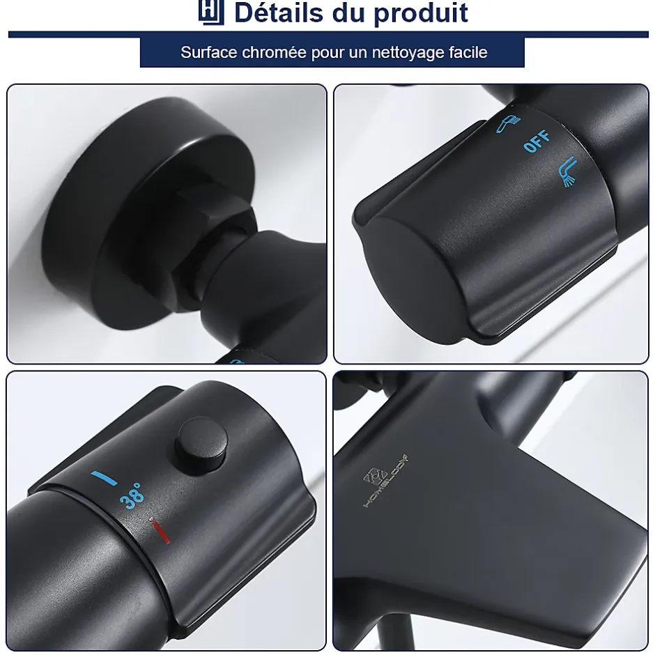 Homelody Robinet de Baignoire Thermostatique Noir, Design Cascade, Sécurité Anti-brûlure, Laiton* Robinet De Baignoire