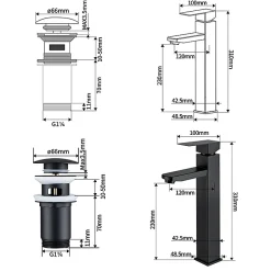 Homelody Robinet Lavabo Haut Noir + Vidage Pop-Up Automatique, Ensemble Robinetterie Moderne
