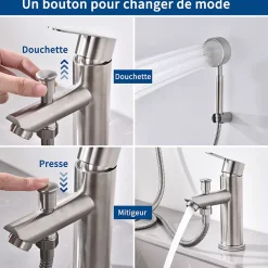 Homelody Robinet Salle de Bain Mitigeur de Douche avec Pommeau et Flexible Kit de Robinet Monotrou à Double Usage* Robinet Lavabo Et Vasque