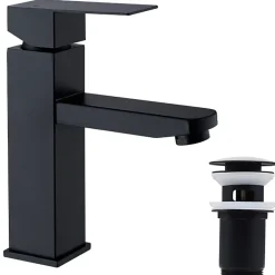 Homelody Set Mitigeur Lavabo Noir Mat + Bonde Pop-Up Universelle avec Trop-Plein