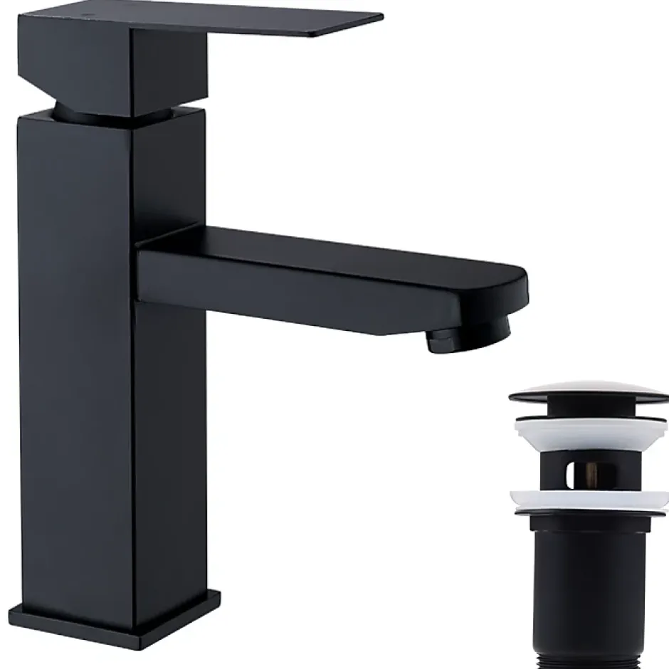 Homelody Set Mitigeur Lavabo Noir Mat + Bonde Pop-Up Universelle avec Trop-Plein