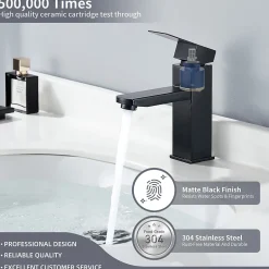 Homelody Set Mitigeur Lavabo Noir Mat + Bonde Pop-Up Universelle avec Trop-Plein
